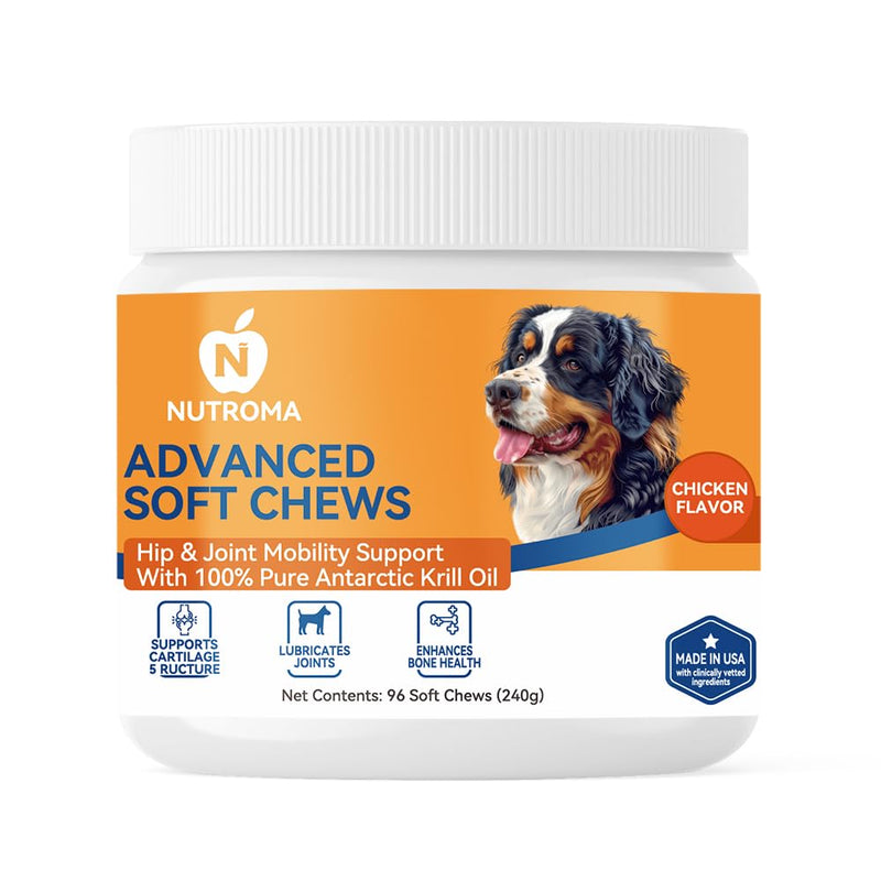Advanced Soft Chews for Dogs – Hip & Joint Mobility Support with Antarctic Krill Oil, Eggshell Membrane & Hyaluronic Acid – 96 Chews (Chicken) Chicken
