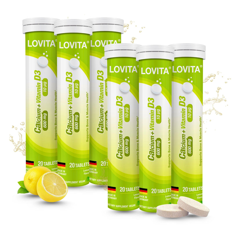 LOVITA Calcium + Vitamin D3 Effervescent Tablets, 20 Count, Pack of 6 | Six-Tube Value Pack, 600 mg Calcium & 400 IU Vitamin D3 for Bone & Muscle Support, Lemon Flavor, Vegan, Sugar-Free 20 Count (Pack of 6)