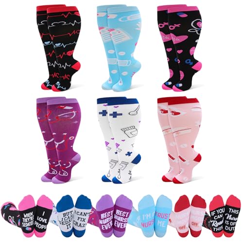 Jspupifip 6 Pairs Plus Size Compression Socks for Women, Wide Calf 3X-Large Black White Blue Pink Purple