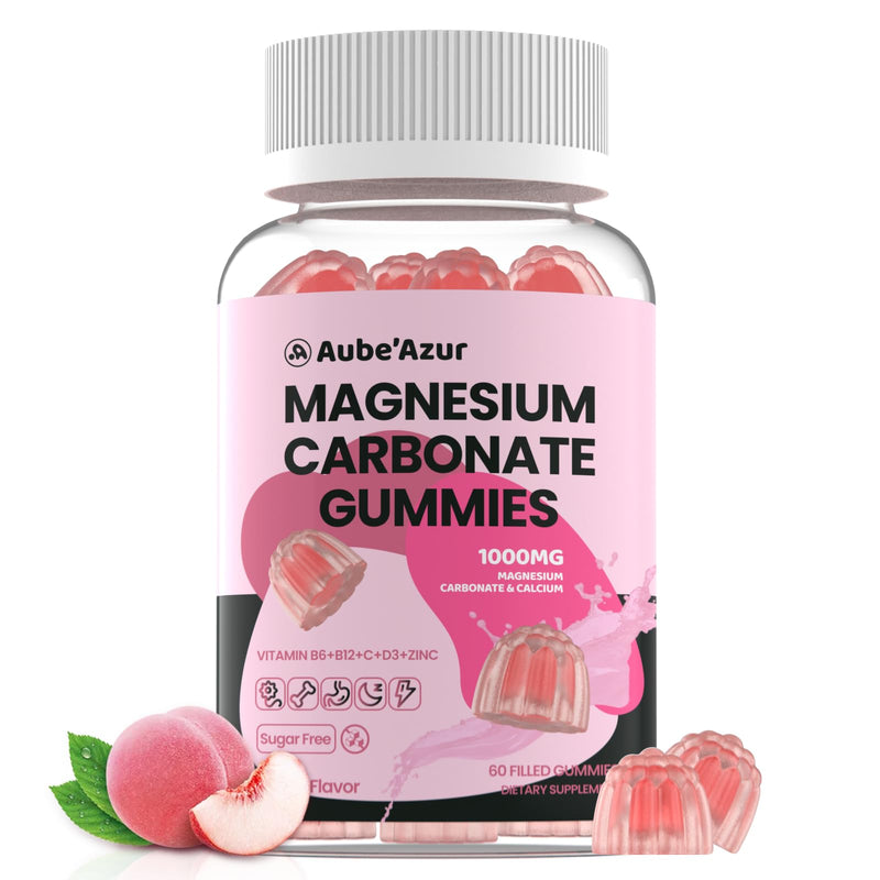Magnesium Carbonate Gummies 500mg, Muscle & Digestive, Women & Men, 60 Ct | With Calcium, Vitamin C, B6, B12, D3, Zinc. Sugar Free, Peach Flavor. Vegan, Non-GMO, Gluten-Free