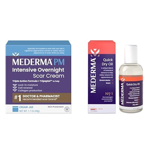 Mederma Scar Treatment Bundle - PM Intensive Overnight Scar Cream (1.7 Oz) and Quick Dry Oil for Scars & Stretch Marks (2.02 Oz) Intensive Overnight Scar Cream and Quick Dry Oil - BeesActive Australia