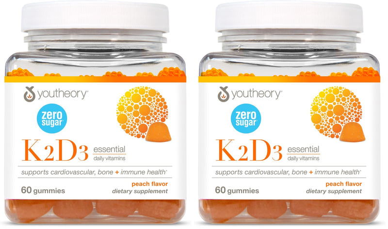 Youtheory K2D3 - Bone & Heart Health Support* - Combines Vitamin D3 & Vitamin K2 - Dairy, Soy & Gluten Free - Peach, 60 Vegetarian Gummies (Pack of 2) 60 Count (Pack of 2)