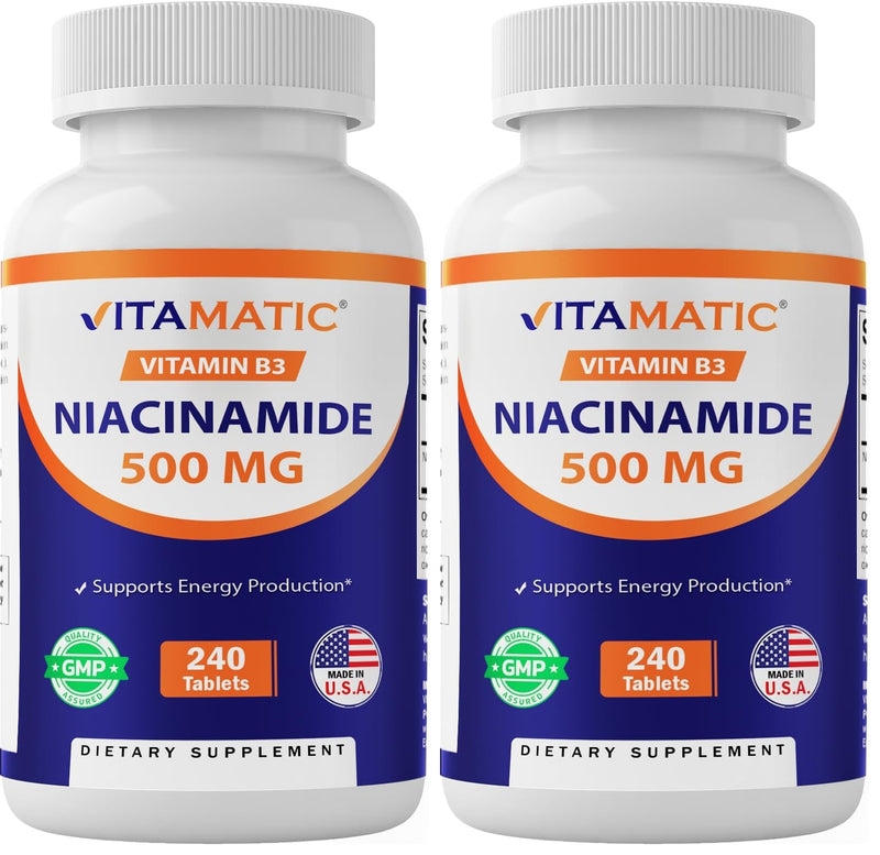 Vitamatic Niacinamide 500 mg 240 Tablets - Flush Free Vitamin B3 - Supports Energy Production (Pack of 2) 240 Count (Pack of 2)