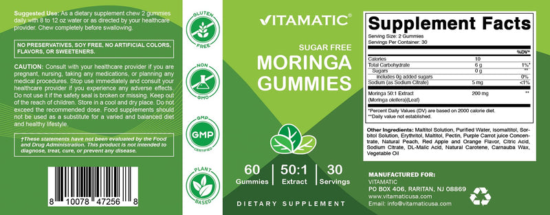 Vitamatic Moringa 200 mg Gummies – Sugar-Free – Green Superfood – Pectin-Based, Vegan, Non-GMO – 60 Gummies 60 Count (Pack of 2)