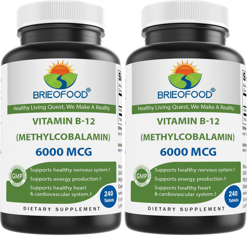 Brieofood Vitamin B-12 (Methycoballamin) 6000 mcg- 240 Tablets. Non-GMO, and Gluten Free (Pack of 2) 240 Count (Pack of 2)