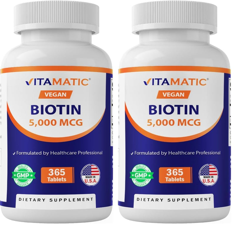 Vitamatic Biotin 5000mcg (5 mg) for Stronger Hair, Skin & Nails - 365 Vegan Tablets- Also Called Vitamin B7 (Pack of 2) 365 Count (Pack of 2)