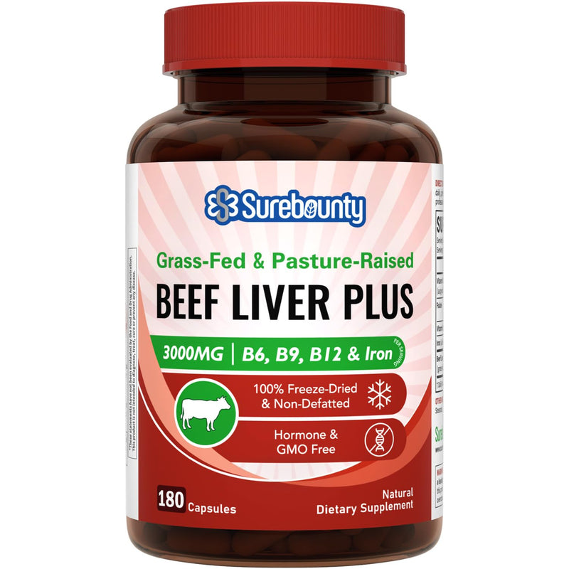 Grass-Fed & Pasture-Raised Beef Liver Plus, 3000 mg, Vitamin B6, B9, B12, Iron, No Hormone, Non-GMO, Non-Defatted, Freeze-Dried Liver Health Supplement, 180 Caps