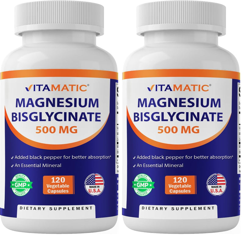 Vitamatic Magnesium (from Bisglycinate & Oxide) with Vitamin D3 & Zinc - 120 Veg Capsules - Supports Muscle, Joint, Nerve & Heart Health – Non-GMO, Gluten-Free (Pack of 2) 120 Count (Pack of 2)