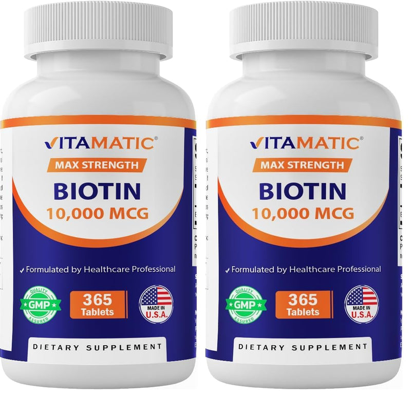 Vitamatic Biotin 10,000 mcg (10 mg) for Stronger Hair, Skin & Nails - 365 Vegan Tablets- Also Called Vitamin B7 (Pack of 2) 365 Count (Pack of 2)