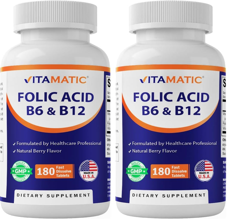 Vitamatic Folic Acid, Vitamin B12 & B6 – 180 Fast Dissolve Tablets Heart Health, Energy Production & Red Blood Cell Support (Pack of 2) 180 Count (Pack of 2)