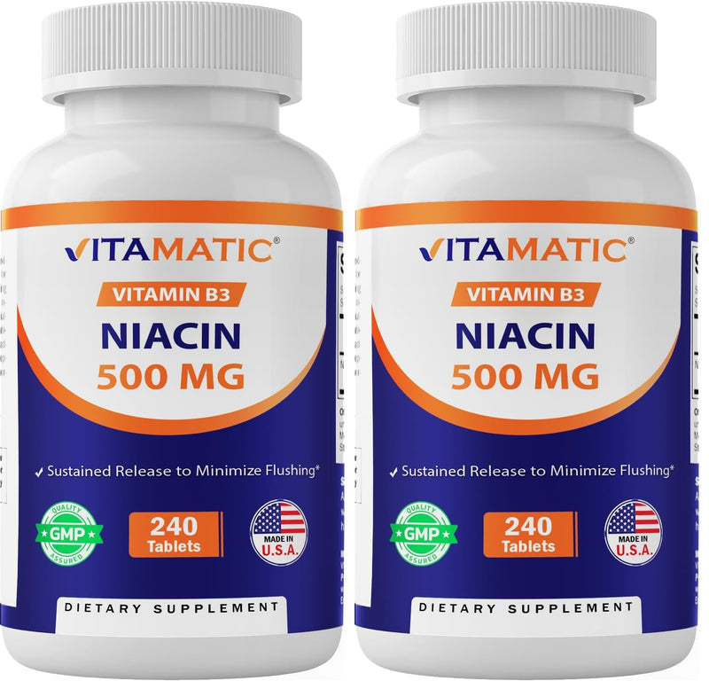 Vitamatic Niacin (Vitamin B3) 500mg, Sustained Release, 240 Tablets - Non-GMO & Gluten Free (Pack of 2) 240 Count (Pack of 2)