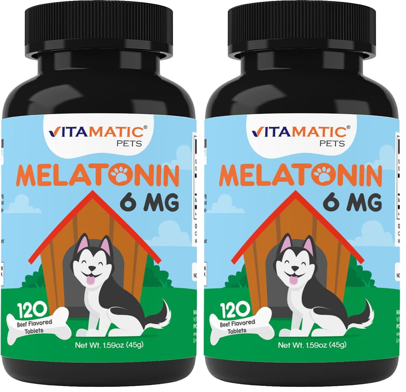 Vitamatic Melatonin for Dogs - 6 mg - 120 Beef Flavored Chewable Tablets ((Pack of 2)) (Pack of 2)