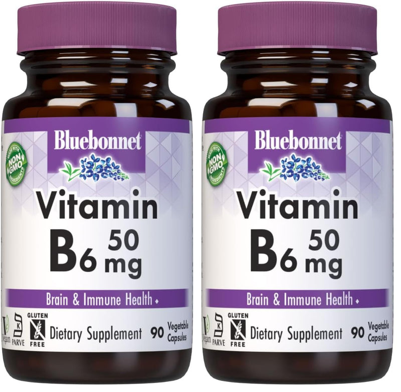 BlueBonnet Nutrition Vitamin B6 50 mg, 90 Vegetable Capsules | Nervous System Immune & Heart Health Support Supplement; Non-GMO, Vegan, Gluten-Free 90 Count (Pack of 2)