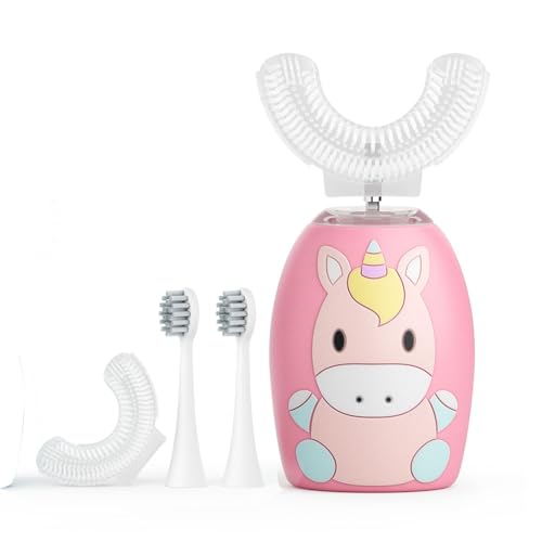 U Shaped Toothbrush for Kids, Automatic Electric Toothbrush with 4 Brush Heads, 360° Full Mouth Cleaning Toothbrush for Children, 2 Modes Rechargeable Kids Toothbrush with Cartoon Design Pink