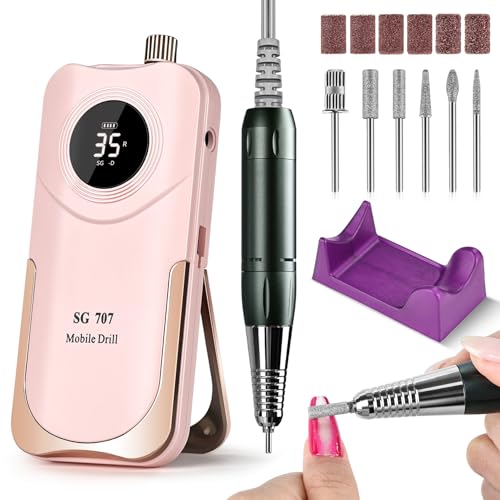 JEWHITENY Professional Rechargeable Nail Drill 35000 RPM, SG707 Electric Nail File with 6 Drill Bits for Acrylic Nails Gel Polishing Removing(Pink) Pink