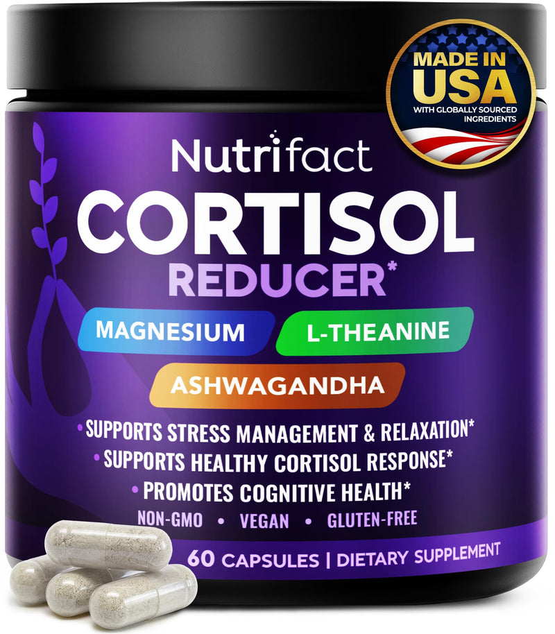 Cortisol Reducer for Men & Women with Ashwagandha & Magnesium, Vegan | Cortisol Supplements for Women & Men - With Rhodiola, Holy Basil and B Vitamins; Non-GMO, Made in USA - 60 Capsules