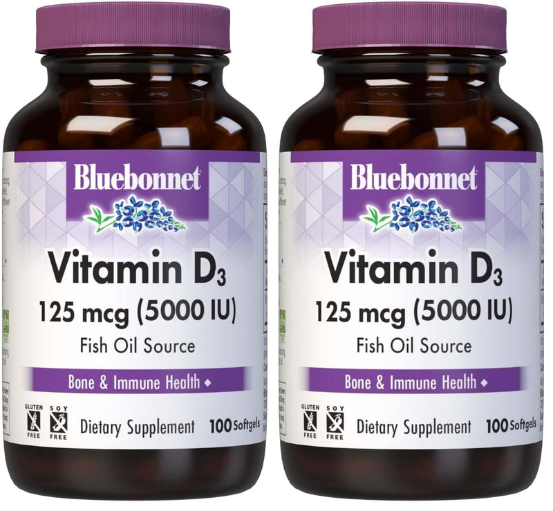 BlueBonnet Nutrition Vitamin D3 5000 IU, 100 Softgels | Third-party tested for purity and potency; manufactured in the USA 100 Count (Pack of 2)