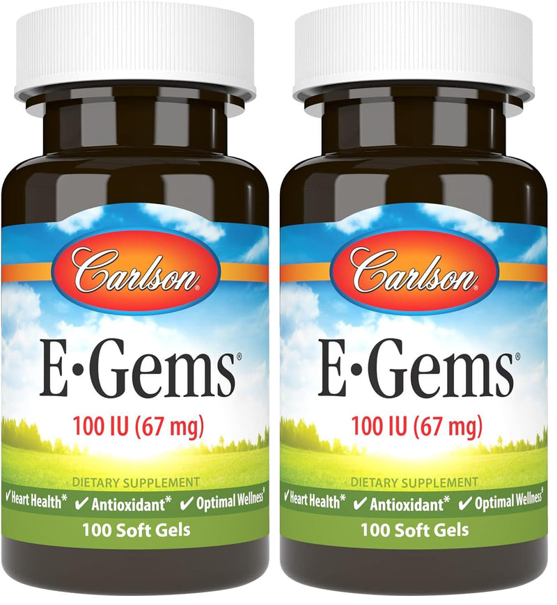 Carlson - E-Gems, 100 IU (67 mg), Natural-Source Vitamin E, Heart Health & Optimal Wellness, Antioxidant, 100 Soft Gels (Pack of 2) 100 Count (Pack of 2)