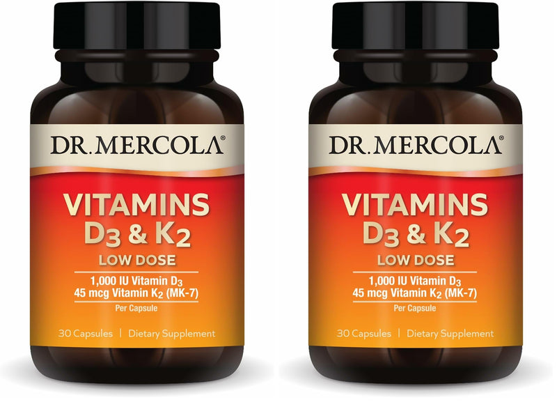 Dr. Mercola Vitamins D3 & K2 Low Dose - Maintain Vitamin D Levels - Supports Immune & Bone Health - MenaQ7 Chickpea-Sourced K2 - Non-GMO, Gluten-Free & Soy-Free - 30 Capsules (30 Servings) (Pack of 2) 30 Count (Pack of 2)