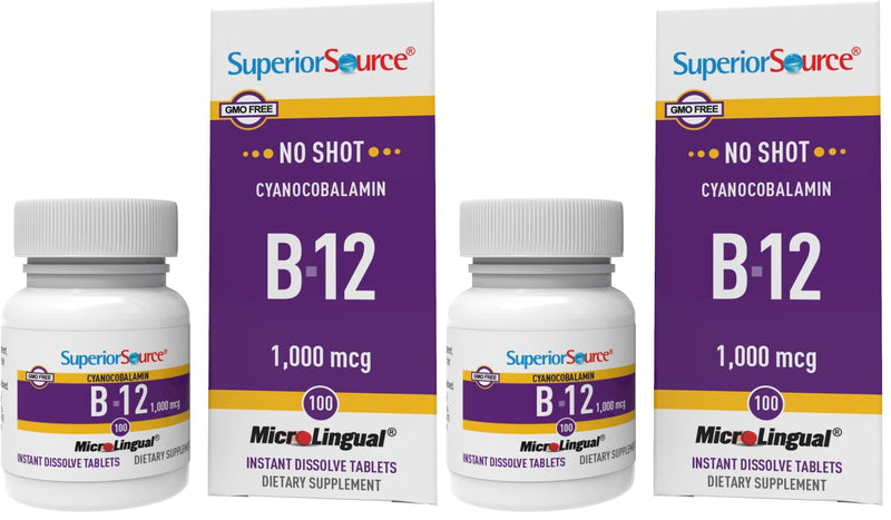Superior Source No Shot Vitamin B-12 Cyanocobalamin 1000 mcg - Vitamin B-12 to Support Energy Production, Brain Health & Overall Wellness - Sublingual Tablets - 100 Dissolvable Tablets (Pack of 2) Unflavored 100 Count (Pack of 2)