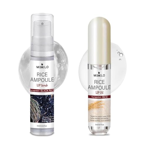 Black and White Rice Ampoule Lip Scrub and Oil Set, Rice Ampoule Duo Lip Exfoliator Solution, Hydrating Lip Oil for Softer & Smoother lips
