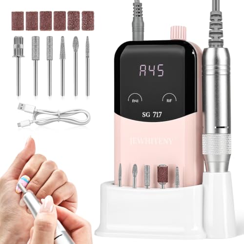 JEWHITENY Rechargeable Cordless Nail Drill for Beginners,Professional Nail Drill 45000RPM,SG717 Electric Nail File for Acrylic Gel Nails,Remove Nail Gel Polish(Pink) Pink & Black