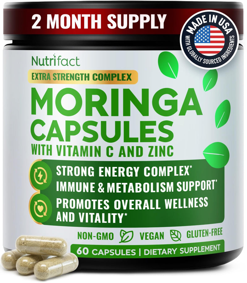 Moringa Capsules with Vitamin C, Zinc & L-Lysine – Immune Support, Vegan | Oleifera leaf extract with ginger for energy, antioxidant and digestion; non-GMO, made in USA; 60 count
