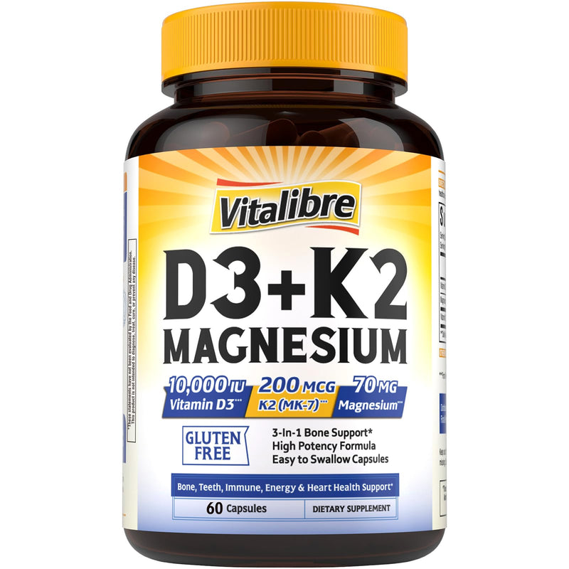 Vitalibre D3 K2 + Magnesium Supplement, 10000 IU Vitamin D3 & 200 mcg K2, with Magnesium Glycinate, Bone, Teeth, Immune & Energy Support, High Absorption, Non-GMO, Easy to Swallow, 60 Capsules 60 Count (Pack of 1)