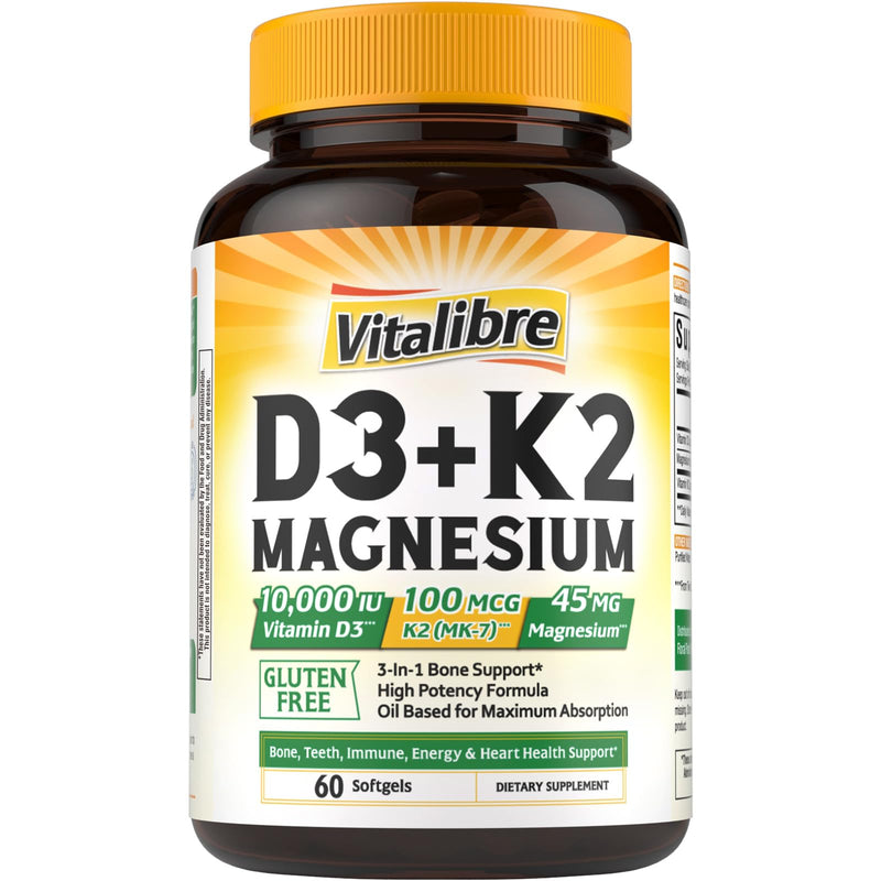 Vitalibre Vitamin D3 K2 10000 IU + Magnesium Glycinate, 60 Mini Softgels | High Absorption D3 K2 Vitamin 10000 IU for Bone, Teeth, Immune & Energy Support, Non-GMO, Easy to Swallow