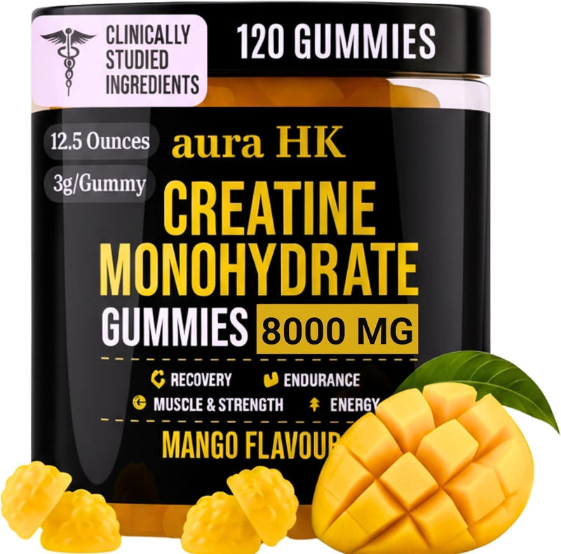 Sugar Free Creatine Monohydrate Gummies 8000mg Per Serving for Men & Women, Mango Flavour, Vegan 5000mg Creatine, BCAA, Taurine, L-Carnitine, Vitamins B12 & B6 Strength, Focus & Endurance, 120 Gummies Mango 8000mg