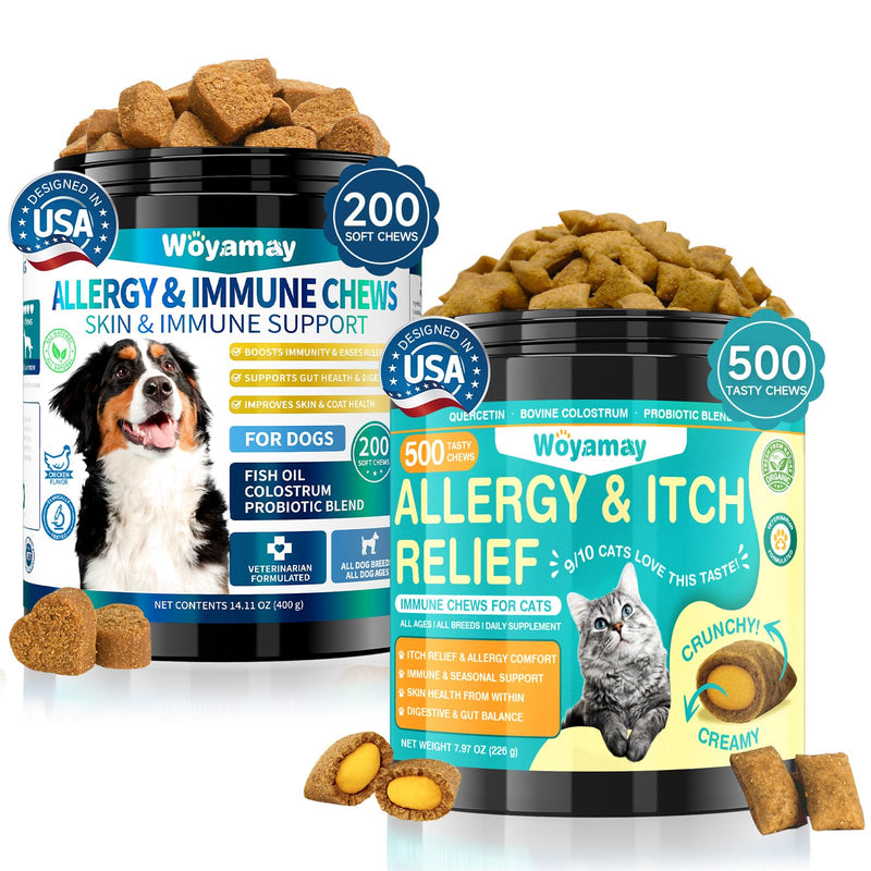 Cat & Dog Allergy Relief Bundle, 500 Crunchy & Creamy Cat Anti-Itch Chews + 200 Soft Allergy Relief Chews for Dog | Itchy Skin, Paws, Ears & Seasonal Allergy Support with Omega-3, Turmeric & Colostrum