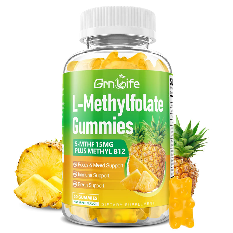 L-Methylfolate 15 mg Gummies with Methyl B12, Methylated B1, B2, B6, Active 5-MTHF & High Absorption - Supports Brain Health & Immune System, Pineapple Flavor, 60 Count 60 Count (Pack of 1)