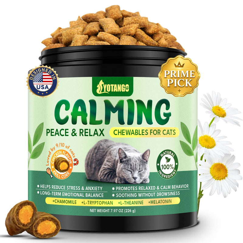YOTANGO Cat Calming Treats – 500 Crunchy Calming Chews for Cats Kittens, Anxiety Relief & Stress Reduction for Travel, Thunder, Vet Visits, with Chamomile, L-Theanine & L-Tryptophan (Chicken Flavor)