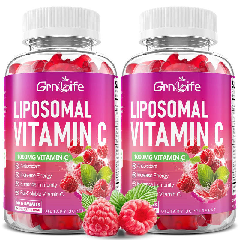 2 Pack Liposomal Vitamin C 1000mg Gummies for Adults Kids, 1500mg Chewable Vitamin C w/Iron, Zinc & Elderberry - Immune Support & Energy, Collagen Booster, Raspberry, 120 Count 120 Count (Pack of 1)