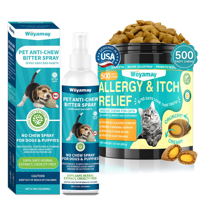 Cat Allergy Relief Chews & Dog No Chew Spray Bundle | Anti-Itch Chews for Cats with Seasonal Support & Bitter Apple Spray for Dogs to Stop Chewing and Licking | Multi-Pet Skin Comfort & Behavior Care