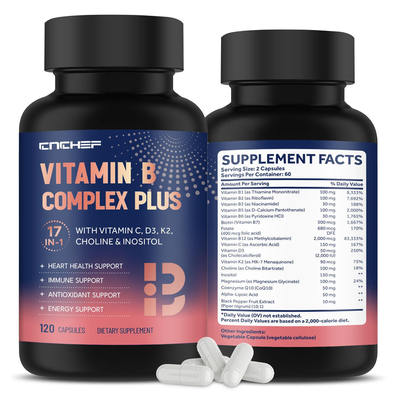 17-in-1 Vitamin B Complex Plus for Men & Women,Nerve Support - 120 Capsules