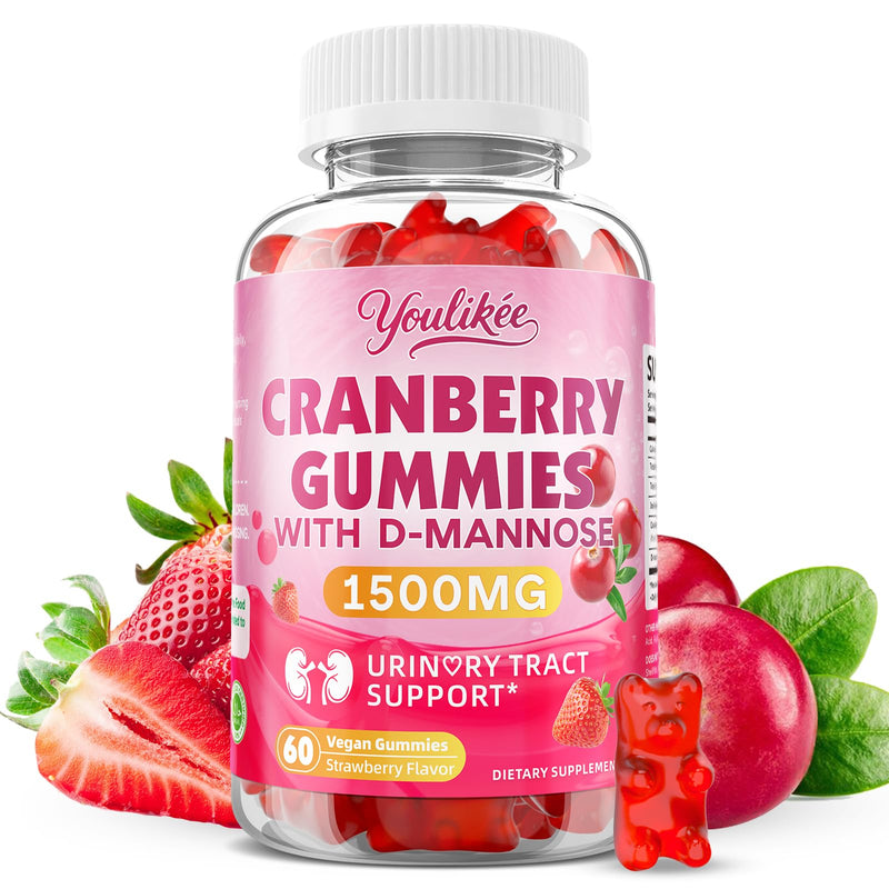 Vegan Cranberry Gummies with D Mannose - Supports Urinary Tract Health for Women & Men, Sugar-Free, Non-GMO and Gluten Free, Strawberry Flavor, 60 Count 60 Count (Pack of 1)