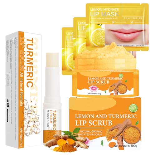 INSEEK Turmeric and Lemon Lip Scrub and Turmeric Lip Balm for Dark Lips, Lip Scrubber Exfoliator with Aloe Vera Deep Moisturizing, Nourish Dry Cracked Chapped Lips