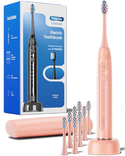 Onlyone Electric Toothbrush for Adults, Rechargeable Electric Toothbrush with 8 Brush Heads, Travel Case, Charging Base & Wireless Charging - 5 Modes with Smart Timer, Pink