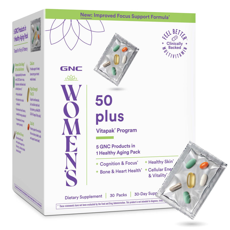 GNC Women's 50 Plus Vitapak Program, 5 in 1 Packet, 30 Daily Packs | Supports Memory with Choline and Ginkgo Biloba, Bone Health with Milk Basic Protein, and Heart Health with Omega 3s 30 Count (Pack of 1)
