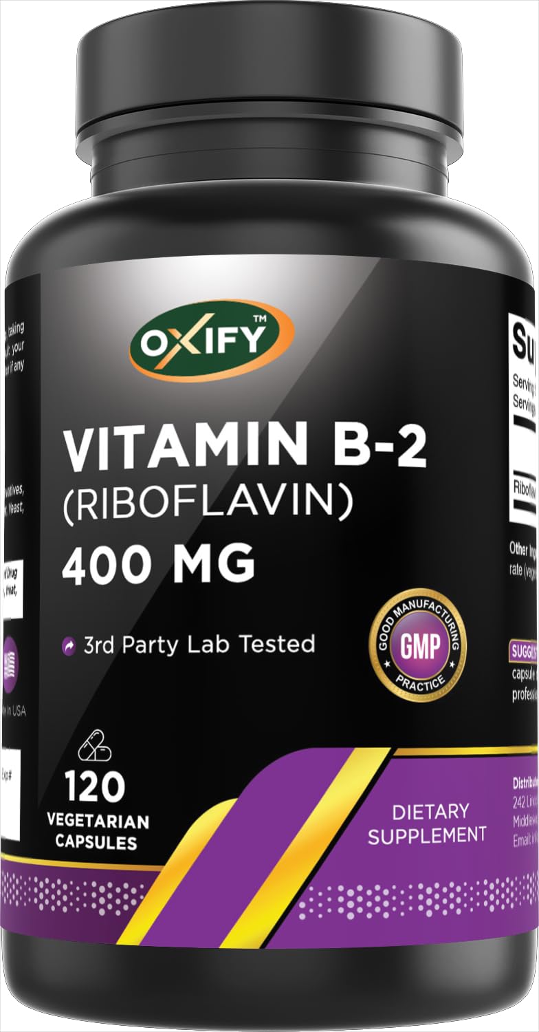 Oxify Vitamin B-2 (Riboflavin) 400 mg, 120 Vegetarian Capsules | Gluten-Free, Non-GMO, Supplement Made in USA