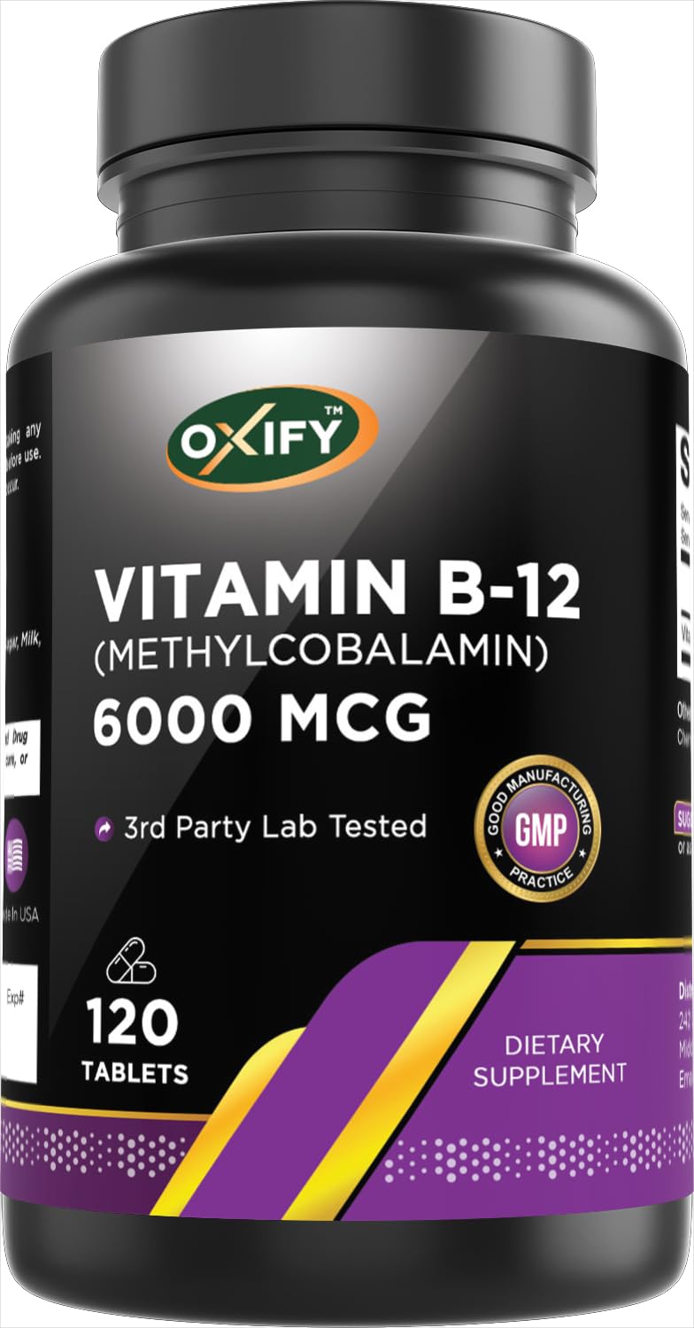 Oxify Vitamin B-12 (Methylcobalamin) 6000 mcg, 120 Tablets | Gluten-Free, Non-GMO, Supplement Made in USA