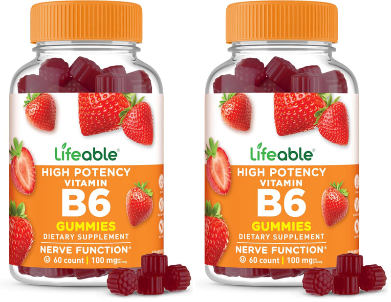 Lifeable Vitamin B6 Gummies | 100mg | Great Tasting VIT B6 Supplement | Vegan B6 Vitamins for Nerve Support Supplement | Vitamin B 6 for Adults, Men, Women | 60 Gummies (Pack of 2) 60 Count (Pack of 2)