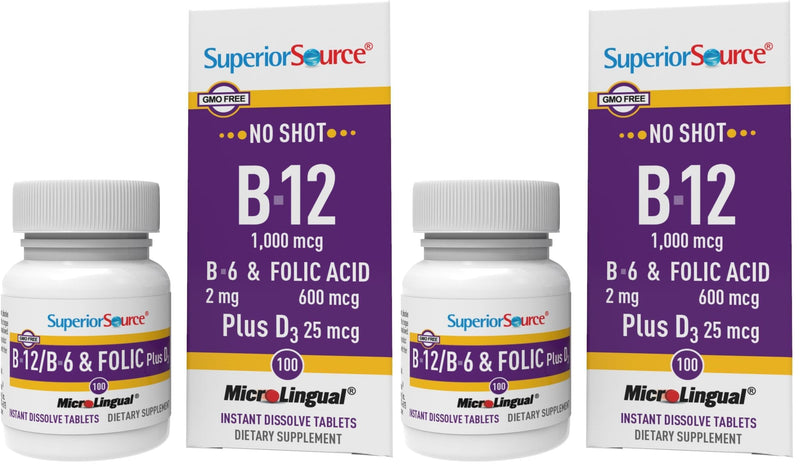 Superior Source No Shot Vitamin B-12 Cyanocobalamin 1000 mcg, B-6, Folic Acid & Vitamin D-3 1000 IU - Supports Energy, Brain, Heart, & Bone Health - 100 Sublingual Dissolving Tablets (Pack of 2) 1 Count (Pack of 2)