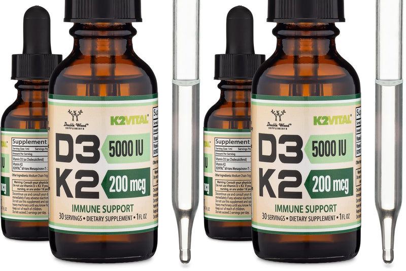 Vitamin D3 K2 5,000 IU Liquid Drops (5,000 IU of D3 and 200mcg of 99.9% All-Trans Patented K2 MK-7 (K2Vital)) Max Absorption Liquid Vitamin D Drops (30 Servings) by Double Wood (Pack of 2) 1 Fl Oz (Pack of 2)
