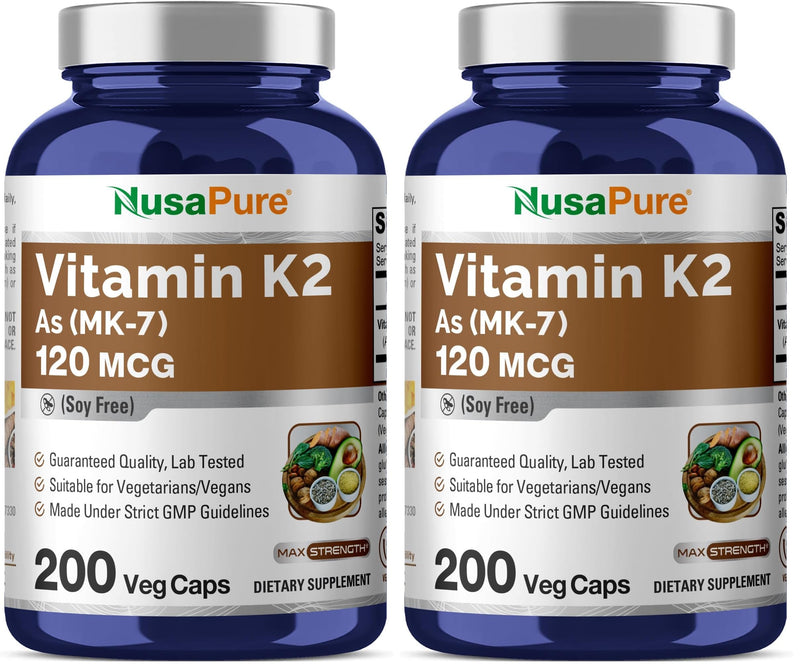 NusaPure Vitamin K2 MK7 120 mcg 200 Veggie Caps (Soy Free, Non-GMO, Vegan) (Pack of 2) 200 Count (Pack of 2)