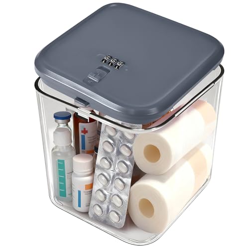 Small Lock Box for Safe Medication,Clear Lock Box with Combination Code,Locked Medicine for Pills First Aid,Lockable storage box for Snack/Fridge/Food/Phone medicine Organizer 5.5x5.5x4.9 Grey Lid Small