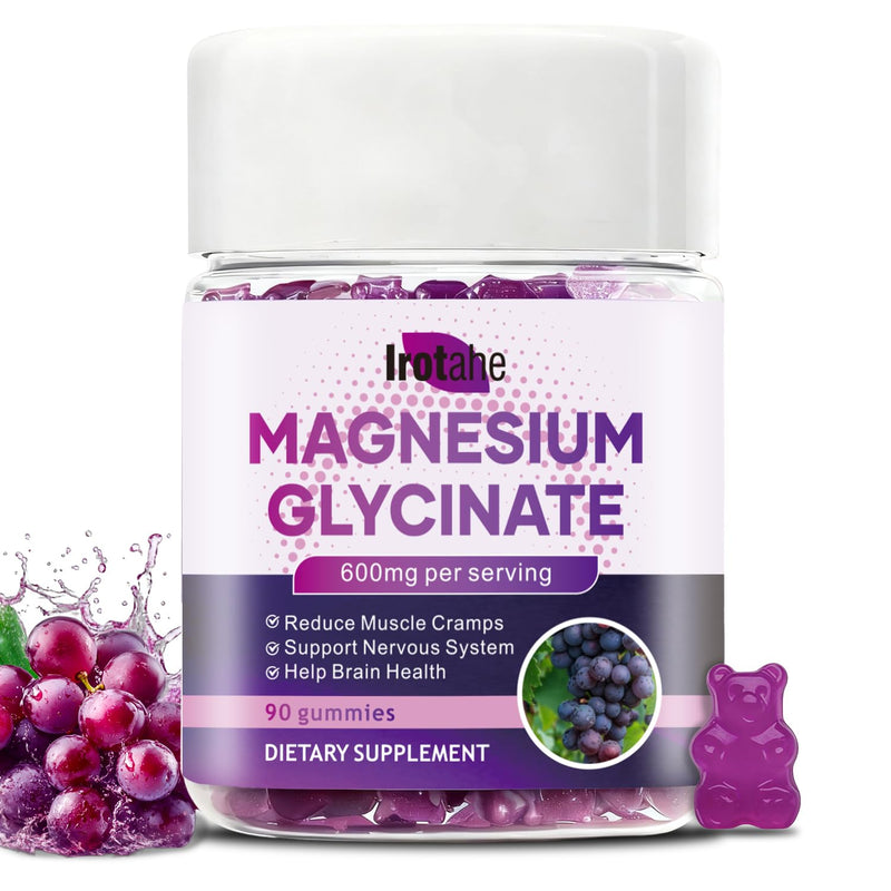 Magnesium Glycinate Gummies 600mg - Sugar Free Raspberry Chews with L-Threonate, Vitamin D3 & B6 - Supports Relaxation, Sleep & Nervous System Health - 90 Gummies (Grape) 1 Count (Pack of 1)