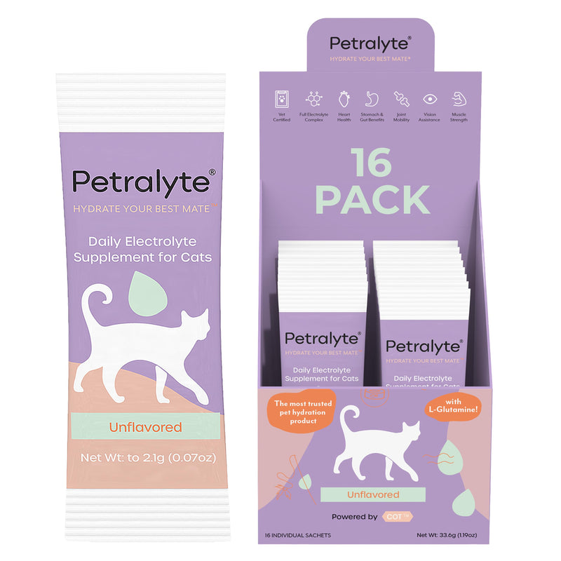 Petralyte Cat Hydration Electrolyte and Cat Joint Supplement | Hydration Support for Cats w/Glucosamine, Chondroitin, L-Glutamine, Taurine, Lysine & Prebiotics | Unflavored | 16 Packets 1-Pack (16 Packets)