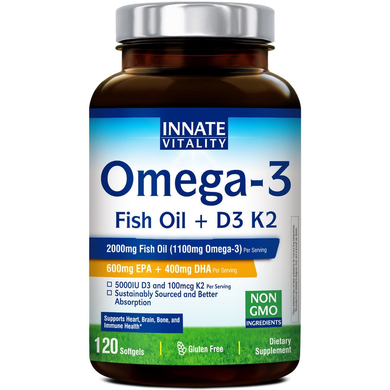 Innate Vitality Omega 3 Fish Oil Supplement, 2000mg Fish Oil Per Serving, EPA 600mg + DHA 400mg with Vitamins D3 K2, Supports Brain & Heart Health, Sustainable & Wild-Caught, 120 Softgels Unflavored 120 Count (Pack of 1)